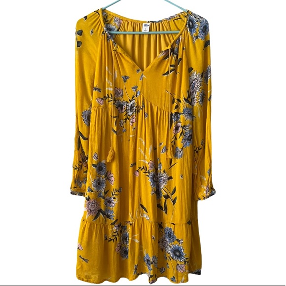 Old Navy Dresses | Old Navy Yellow Long Sleeve Flower Print Dress S | Color: Blue/Yellow | Size: S | Jennabean622's Closet